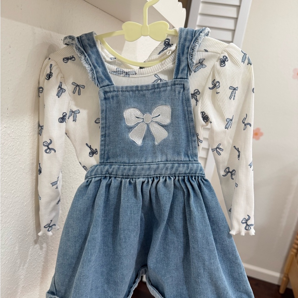 Little Me Light Blue Denim Bow Pinafore Set